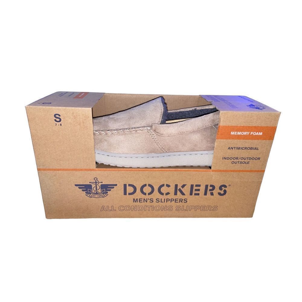 NEW MENS DOCKERS ALL CONDITION INDOOR/OUTDOOR MEMORY FOAM SLIPPER SMALL 7-8 TAN